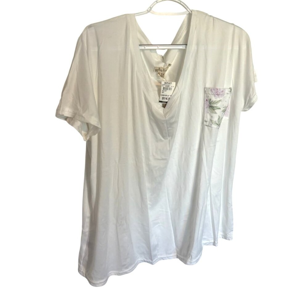 Body Touch Lounge NWT White Floral Pocket V-Neck T-Shirt Sz 3X